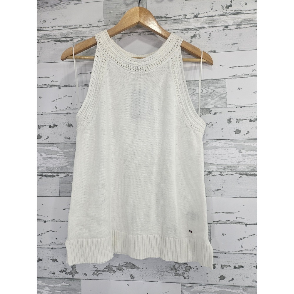 Tommy Hilfiger White Crochet Trimmed Sleeveless Knit Tank Top Women L